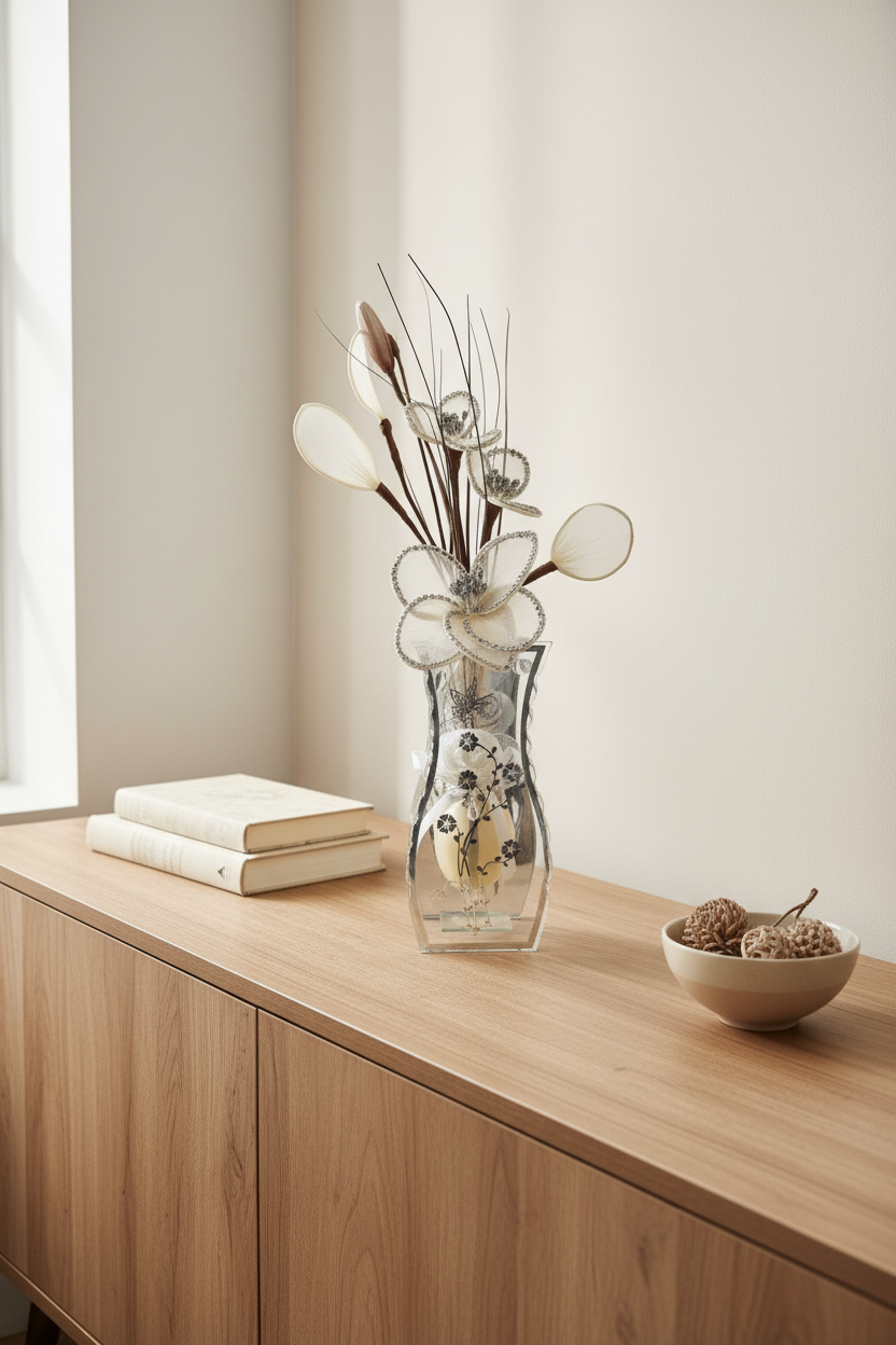 A clear glass vase filled with dried decorative stems and round white flower heads sits on a light wood sideboard in a softly lit room. Two stacked books and a small bowl of decorative gourds are nearby.