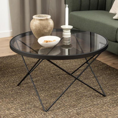 Cuxton Coffee Table Black Smoked Glass Metal Frame 80cm