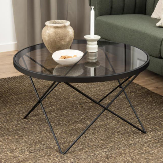 Cuxton Coffee Table Black Smoked Glass Metal Frame 80cm