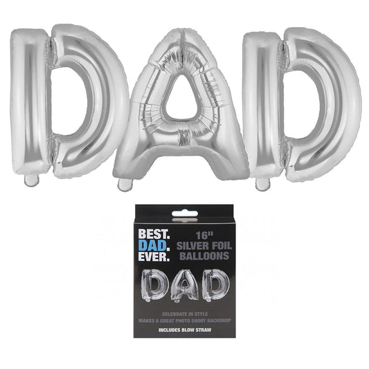 DAD Foil Balloon. 16" Silver Foil Balloons with Blow Straw. Father's Day or Dad's Birthday Backdrop or Party Décor