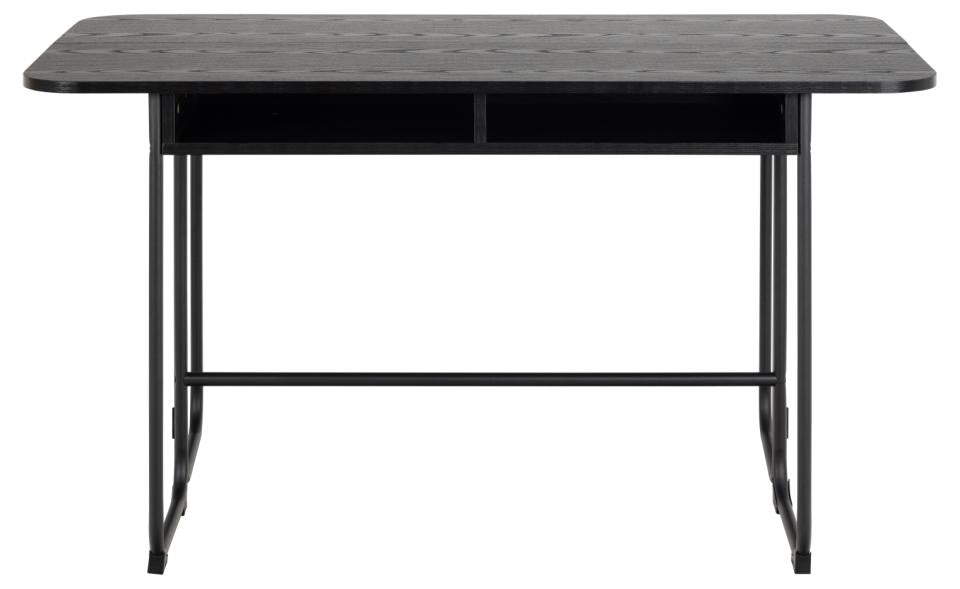 A black metal-framed writing desk with a textured dark gray top and a single open shelf, shown against a plain white background.