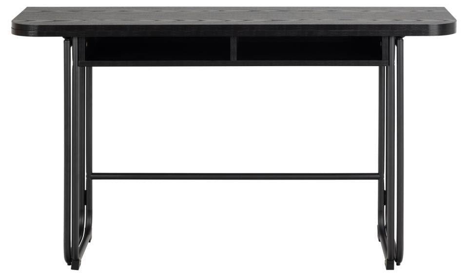 A black metal console table with a rectangular slatted top, a lower shelf, and a slim geometric metal frame, shown against a plain white background.