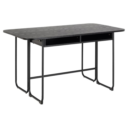 A black extending rectangular dining table with a melamine tabletop and a steel sledge base, designed to seat 2 to 4 people, with an extension leaf storage compartment.
