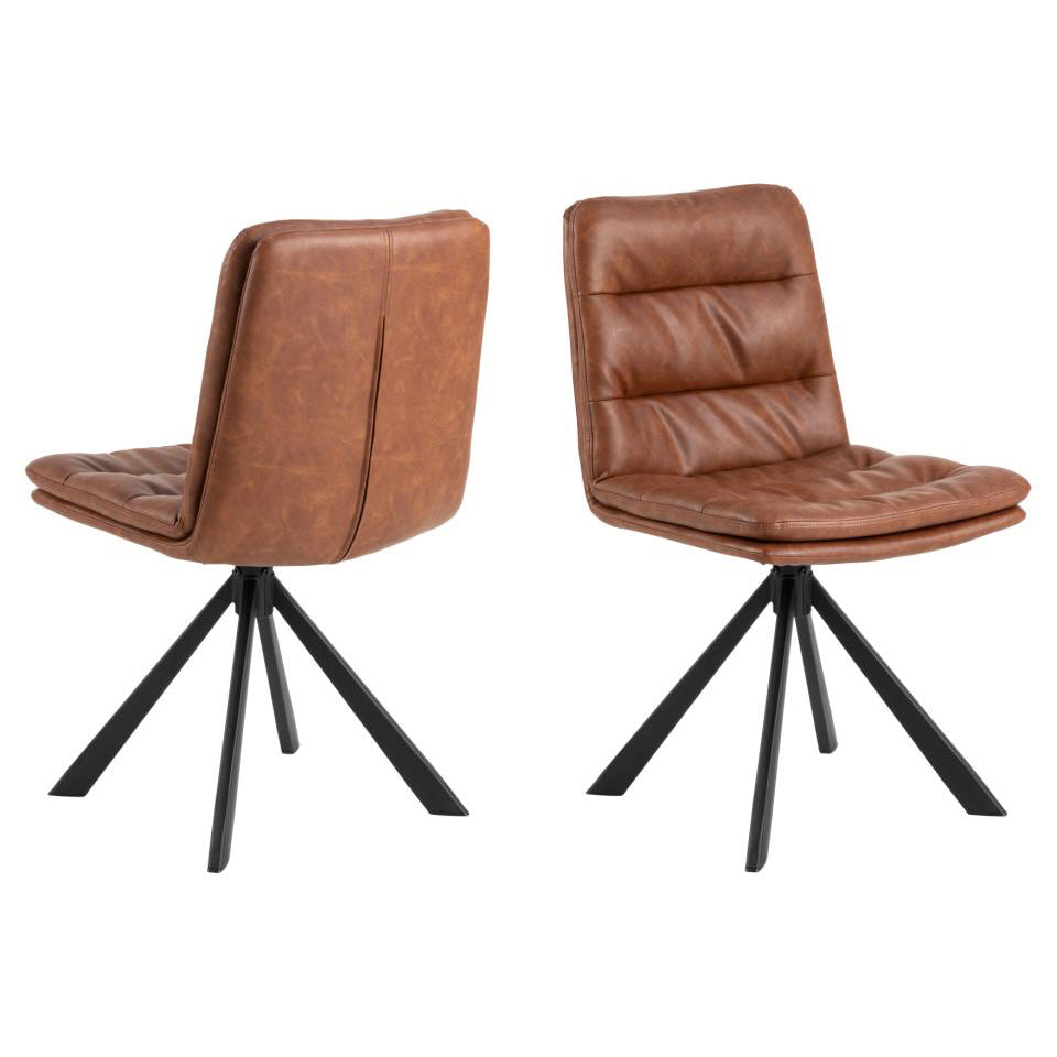 Dean Swivel Dining Chair In Brandy With Stylish Stitching And Black Metal Legs , Set Of 2