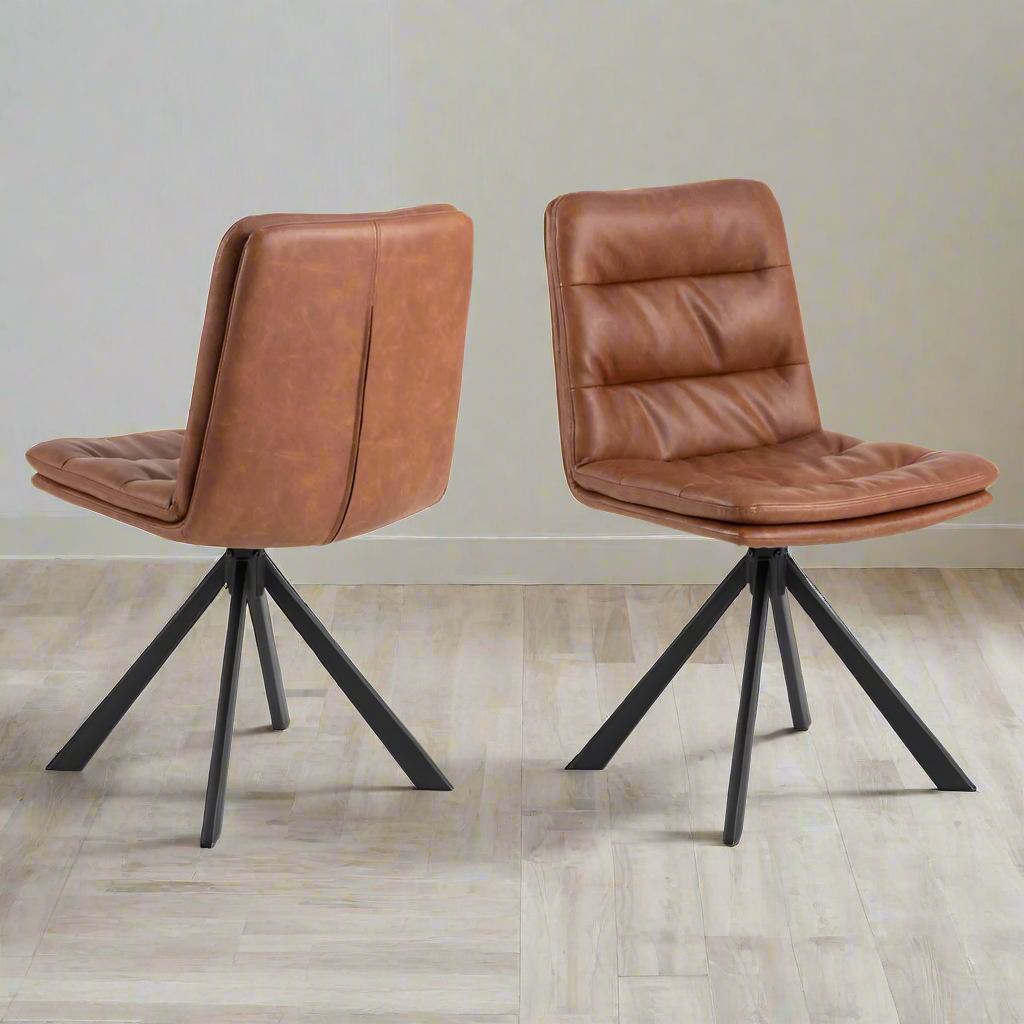 Dean Swivel Dining Chair In Brandy With Stylish Stitching And Black Metal Legs , Set Of 2