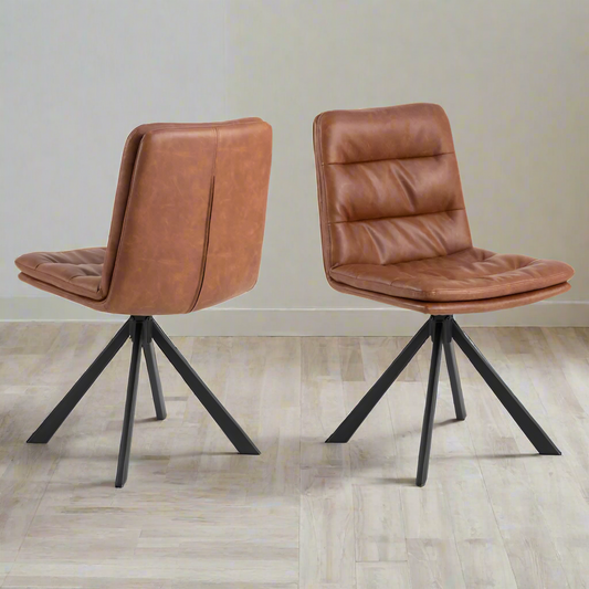 Dean Swivel Dining Chair In Brandy With Stylish Stitching And Black Metal Legs , Set Of 2