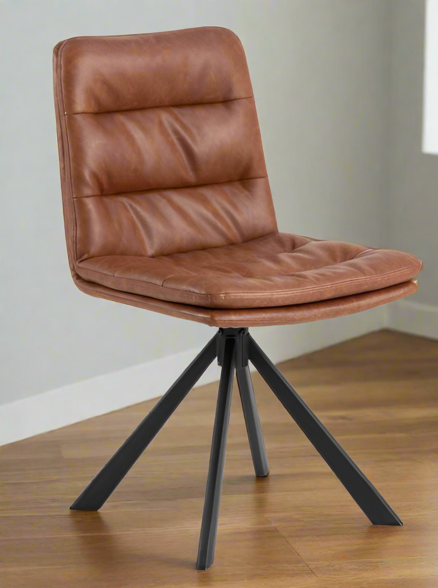 Dean Swivel Dining Chair In Brandy With Stylish Stitching And Black Metal Legs , Set Of 2