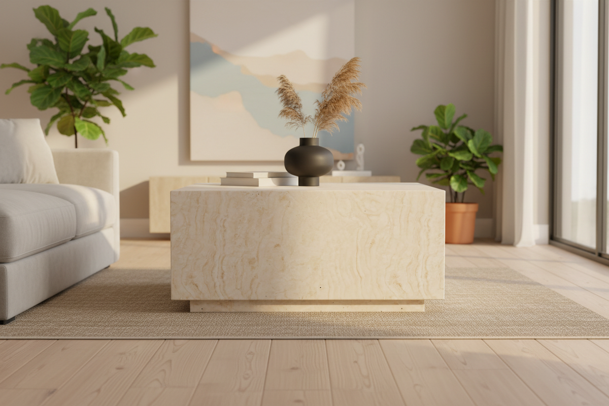 Modern living room with a coffee table, sofa, and decorative plants.