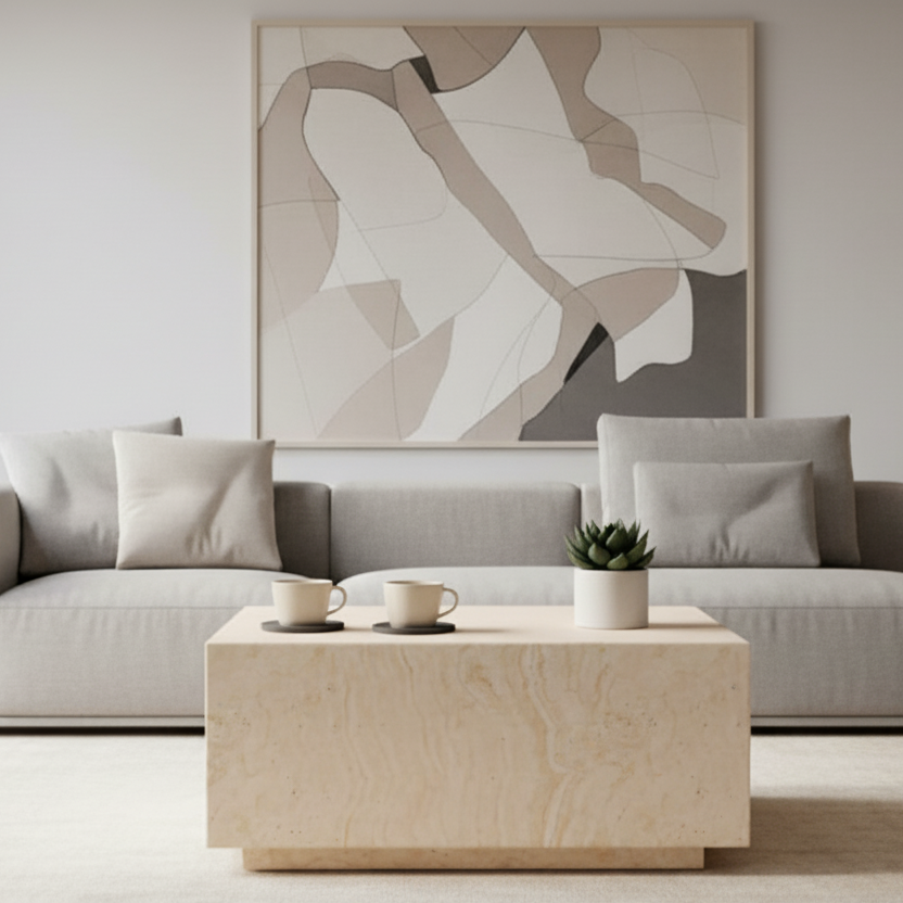 Modern living room with a gray sofa, abstract painting, and decorative items.