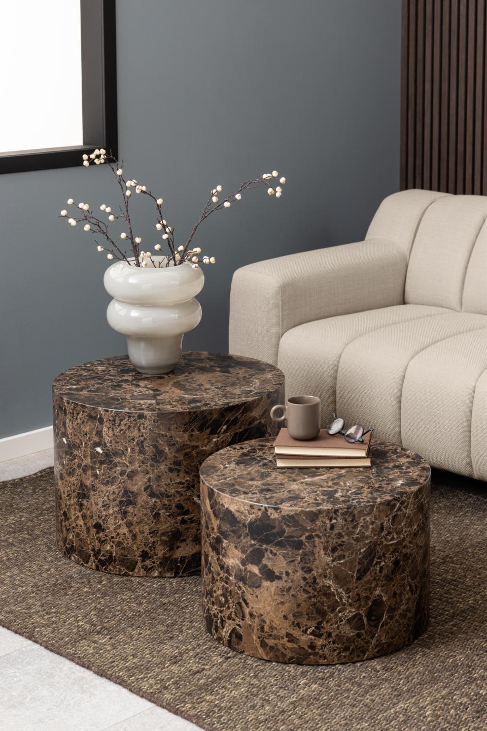 Dice Double Oval Coffee Table Set Large Brown Marble 2 Piece Set 58cm and 50cm