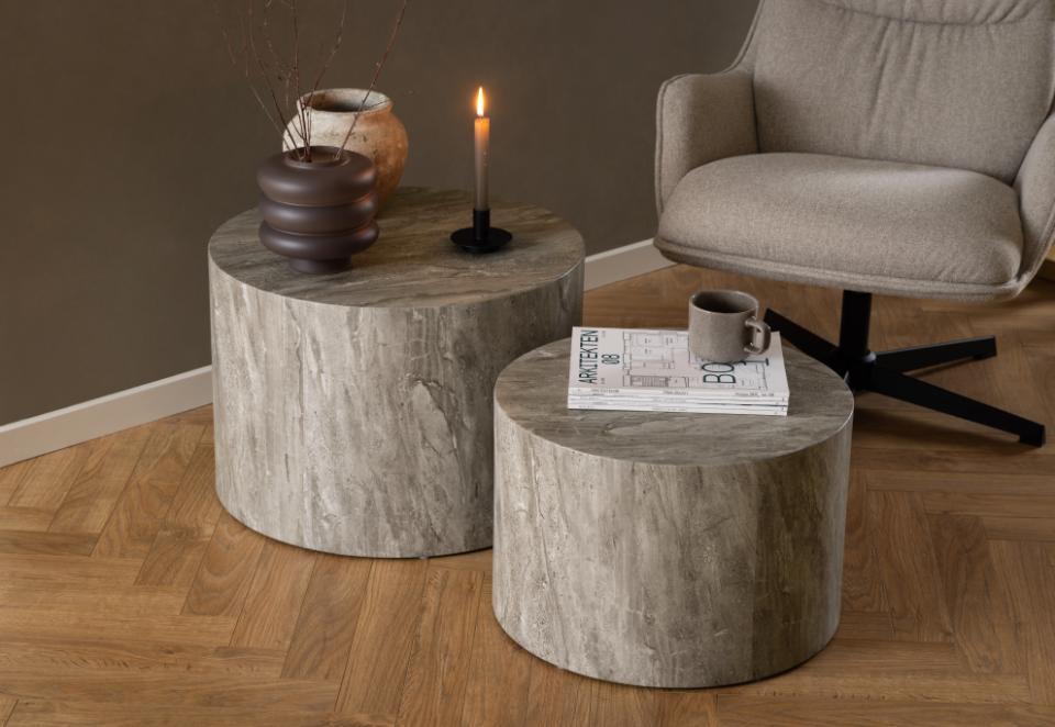 Dice Double Oval Coffee Table Set Large Grey Marble 2 Piece Set 58cm and 50cm