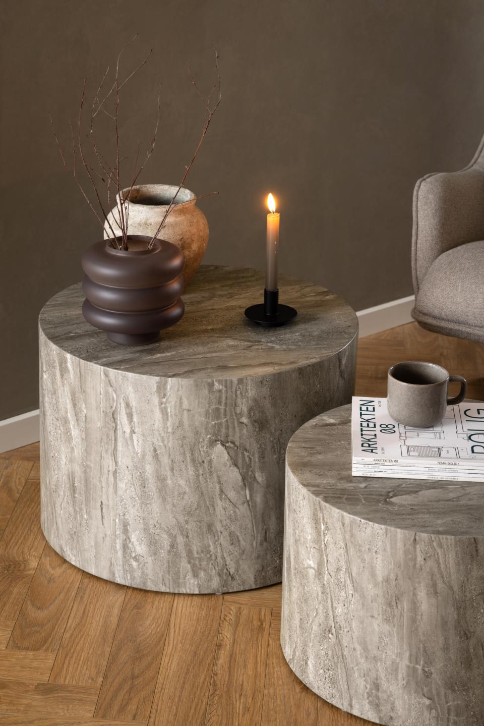 Dice Double Oval Coffee Table Set Large Grey Marble 2 Piece Set 58cm and 50cm