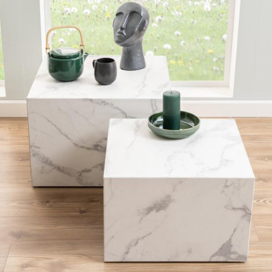 Dice Double Designer Coffee Table Set In White Marble 2 Pieces 58cm