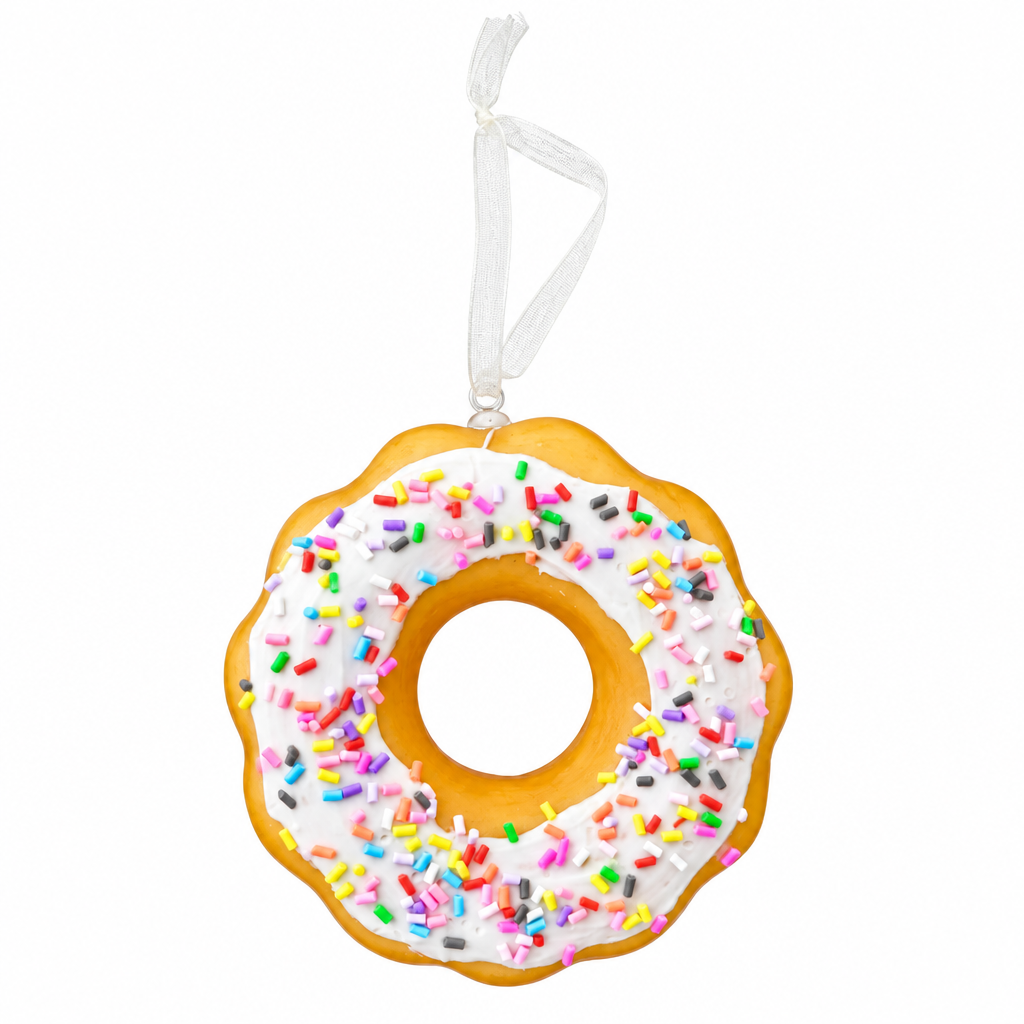 A donut-shaped hanging ornament with white frosting and multicolored sprinkles, suspended by a white ribbon on a plain white background.