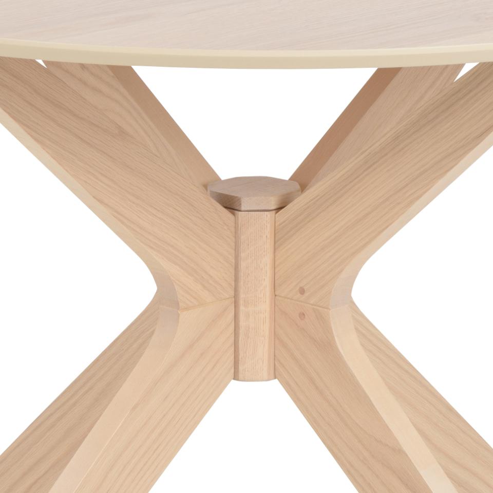 Close-up of a wooden table base with a white background