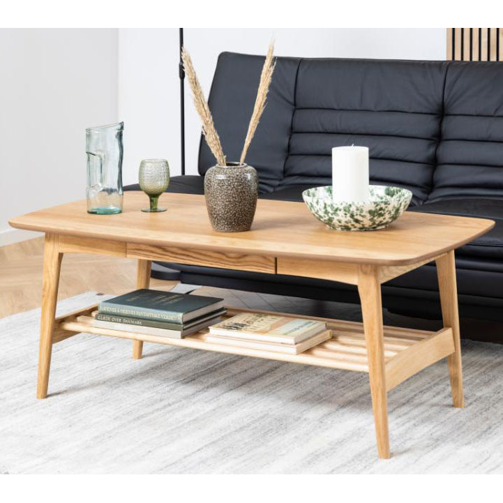 Emma Large Oak Coffee Table With Shelf and Drawer 130x70cm