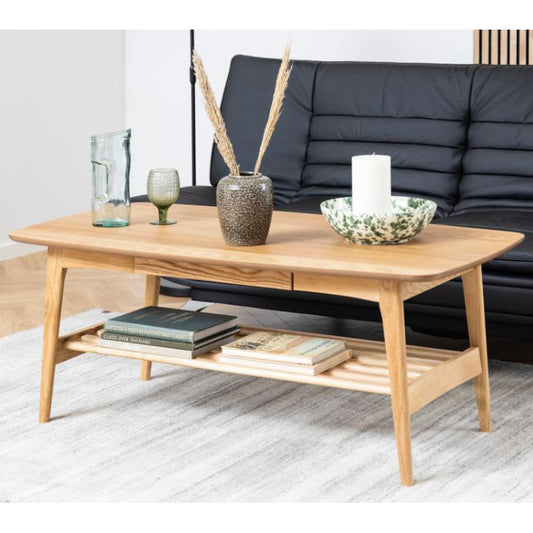 Emma Large Oak Coffee Table With Shelf and Drawer 130x70cm