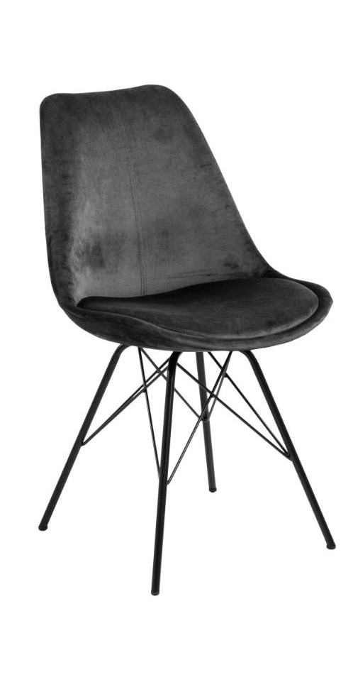A modern black velvet dining chair with a molded seat and back and thin metal wire legs, shown against a plain white background.