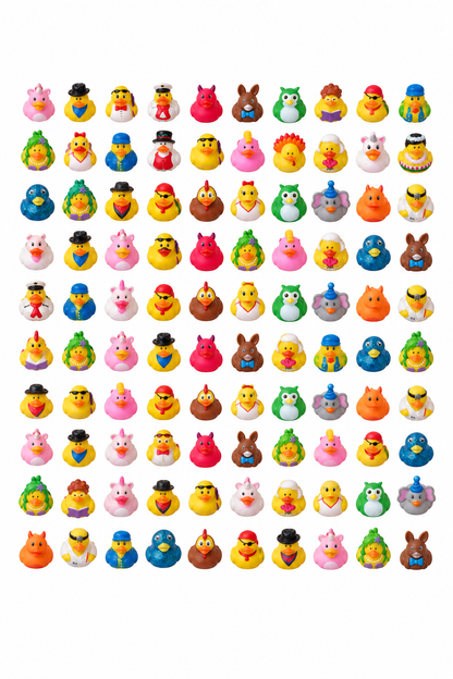 Example selection of 100 mixed rubber ducks in ten rows of ten; designs may repeat and actual assortment may vary