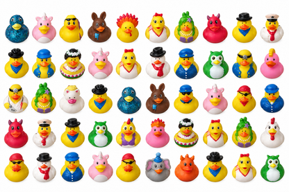 Example selection of 50 mixed rubber ducks in five rows of ten; designs may repeat and actual assortment may vary