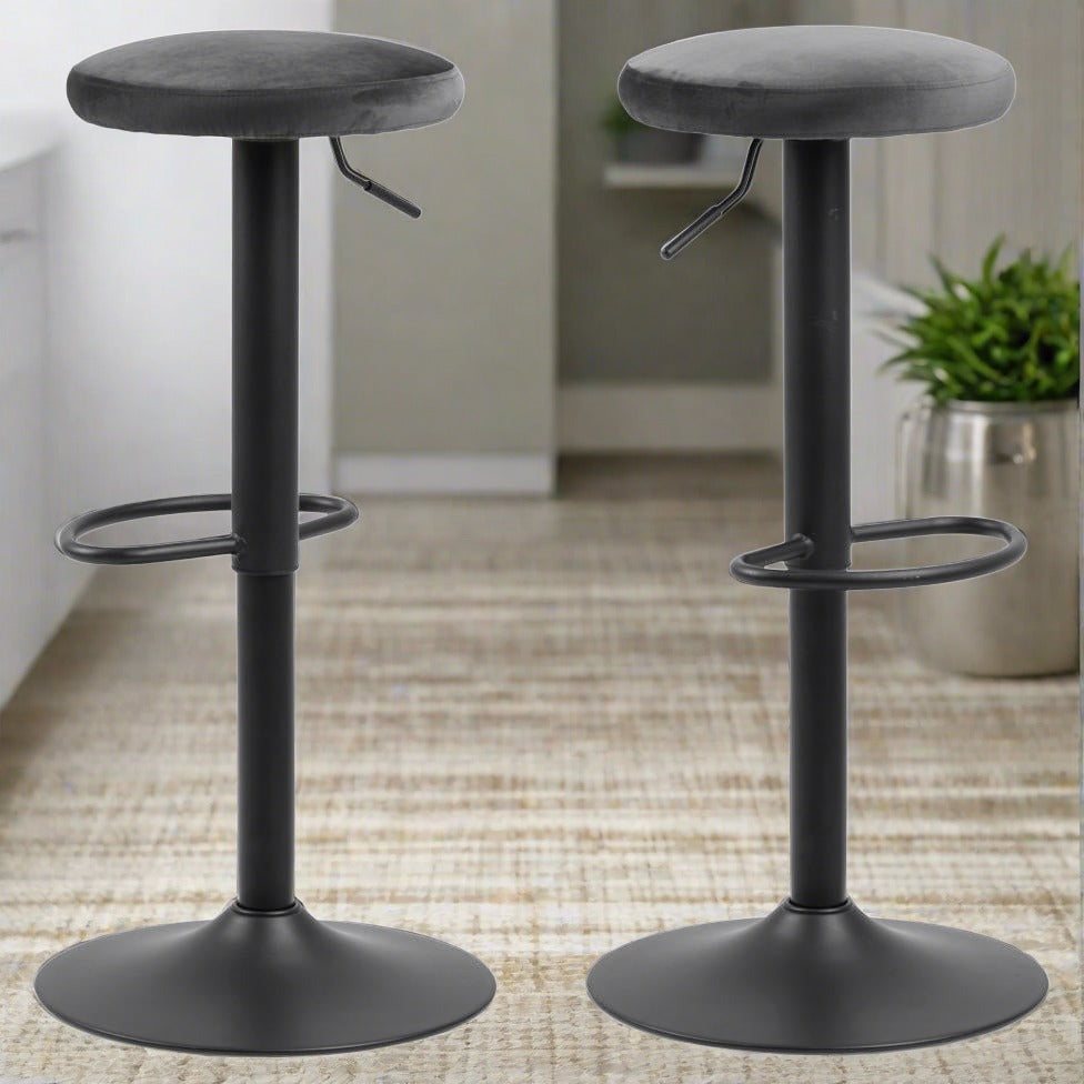 Finch Dark Grey Velvet Fabric Bar Stools, Set Of 2 Black Powder Coated Base, Trumpet Foot Rest And Gas Lift Function