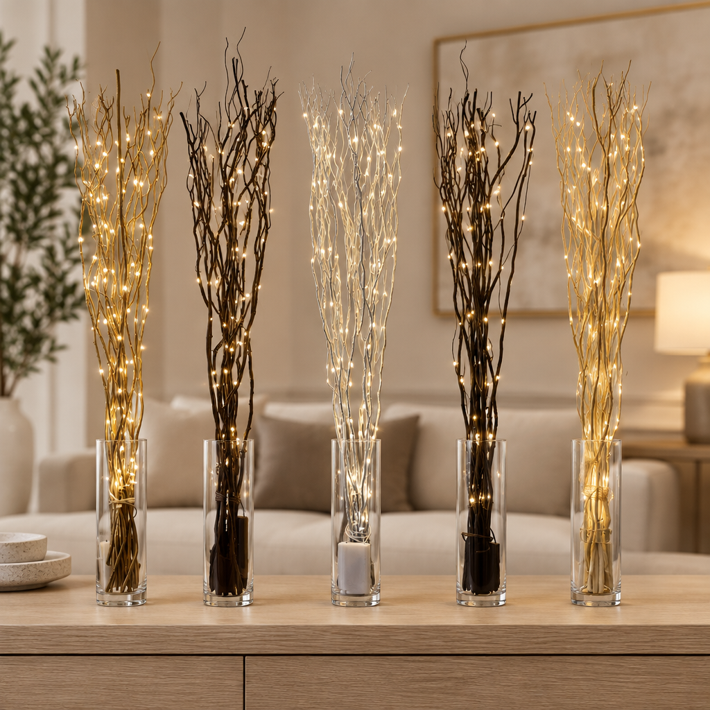 Five illuminated branch lights displayed on a table in a modern home