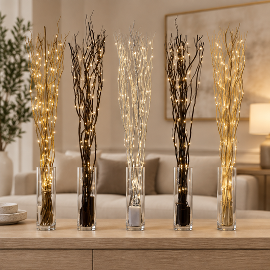 Five illuminated branch lights displayed on a table in a modern home