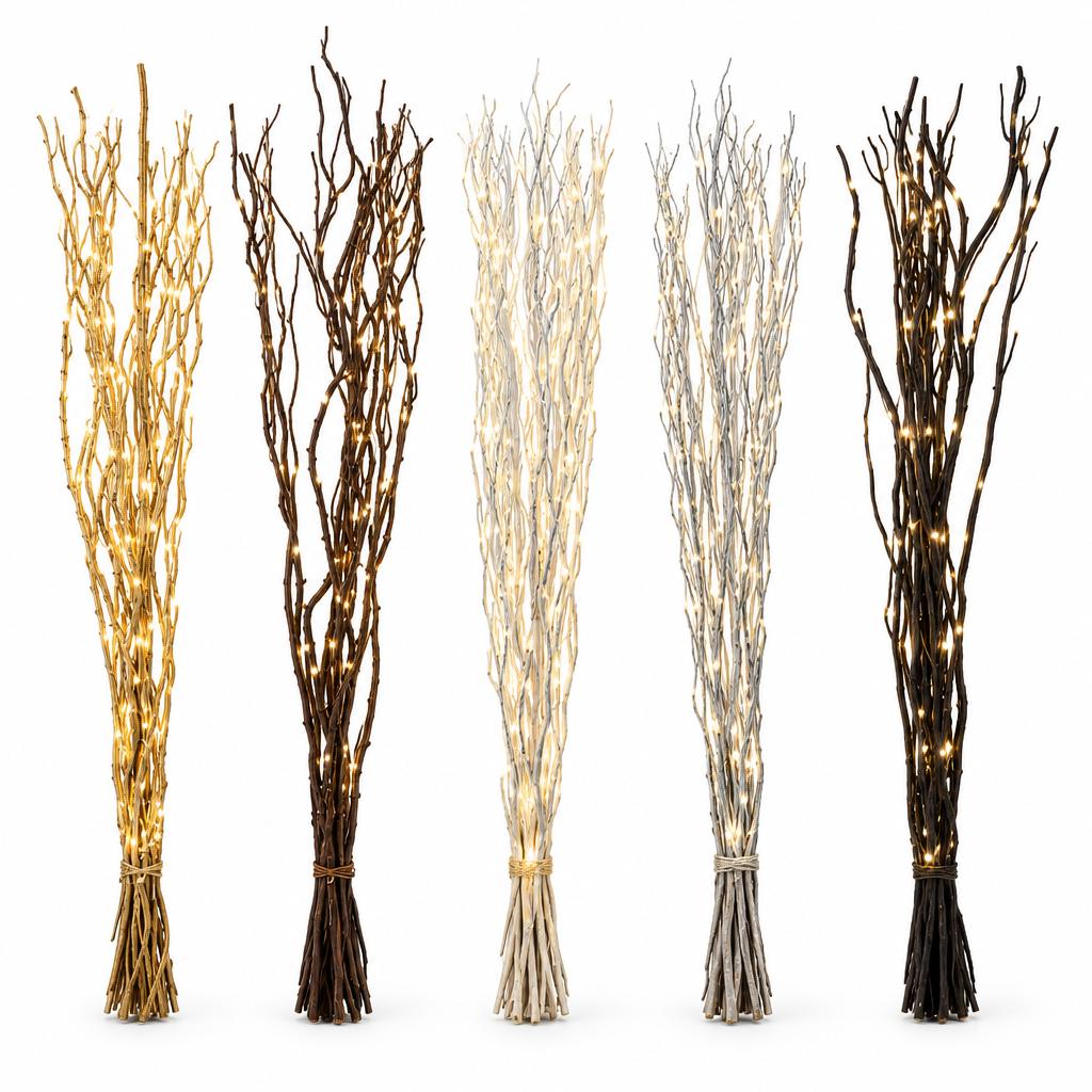Five illuminated branch lights without vases on a white background
