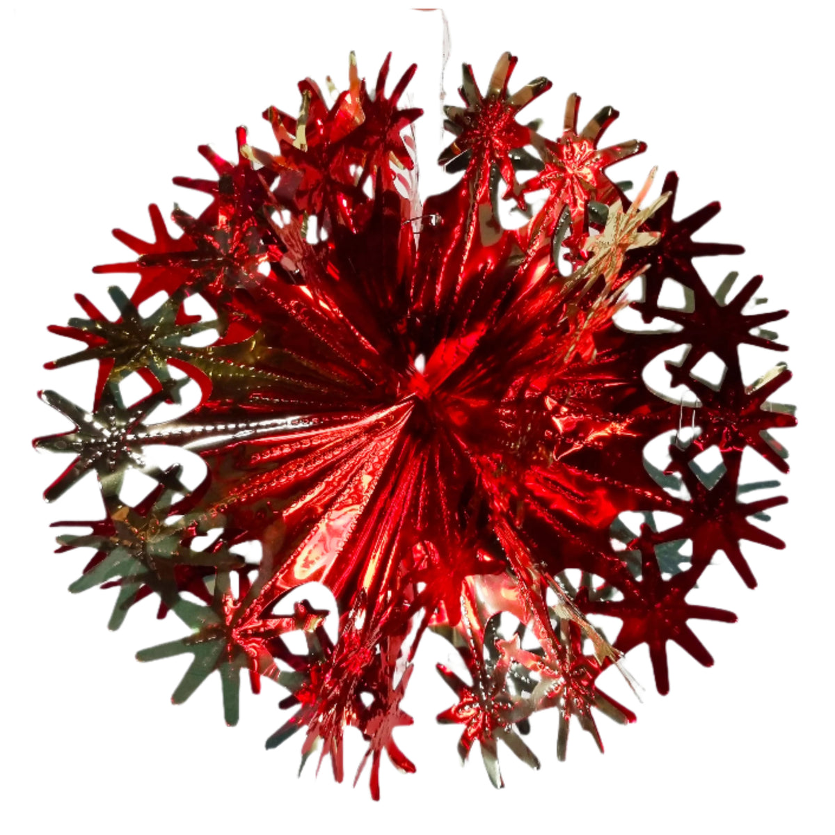 Red metallic Christmas star ornament on a white background