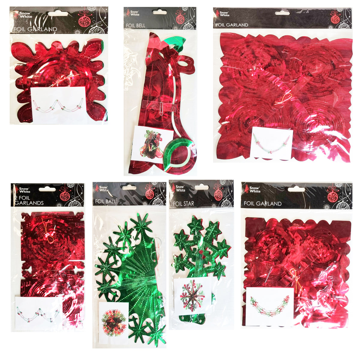 Assorted festive foil decorations in red and green packaging on a white background