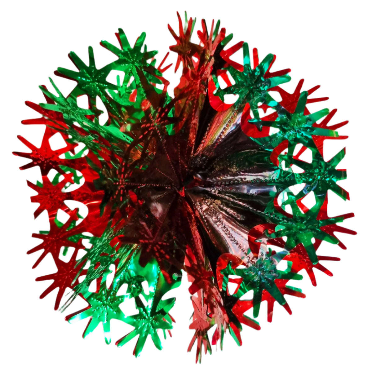 Decorative Christmas ball with red and green starburst design on a white background