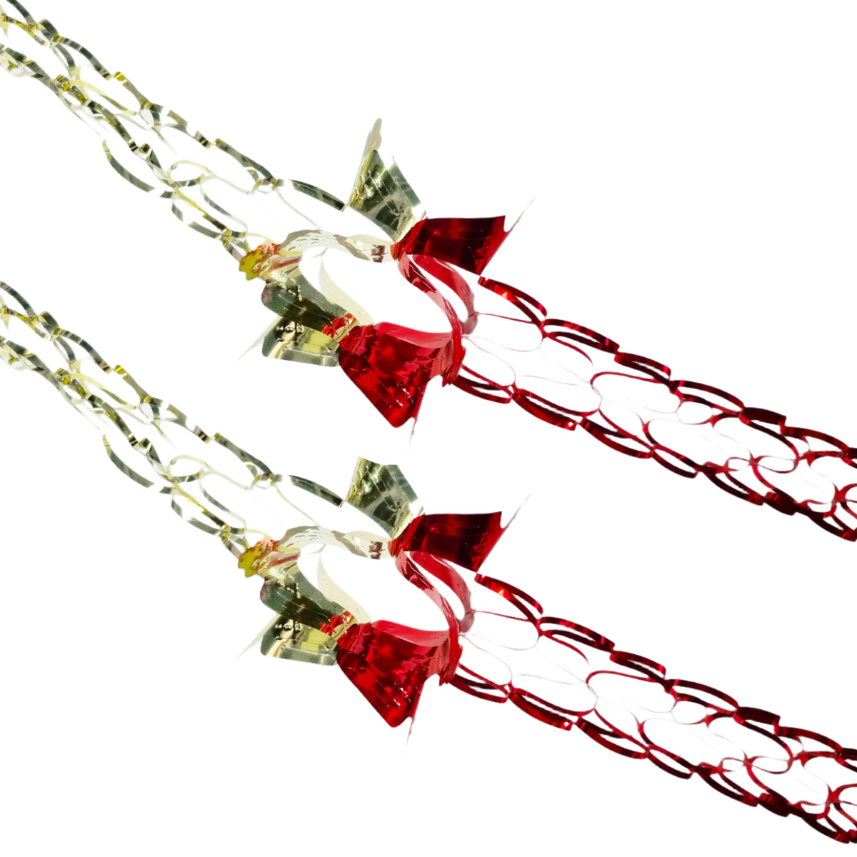 Red and clear decorative garland with translucent red bow-like accents and iridescent chain strands on a white background.