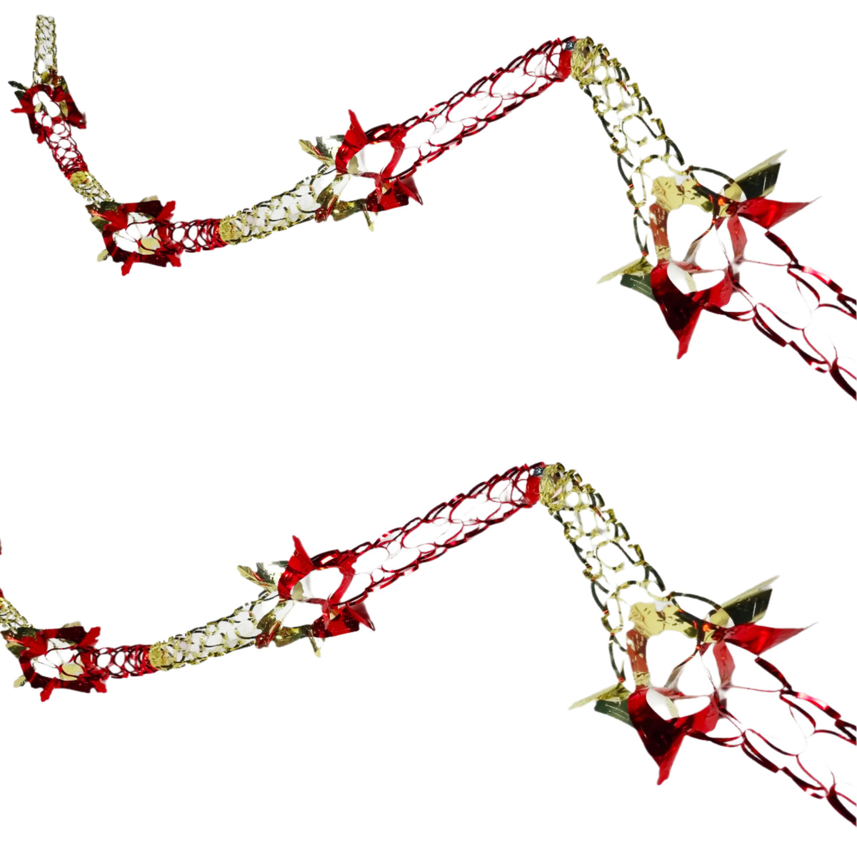 A festive Christmas garland featuring red poinsettia flowers, red bows, gold wire accents, and small gold and red ornaments, shown against a plain white background.