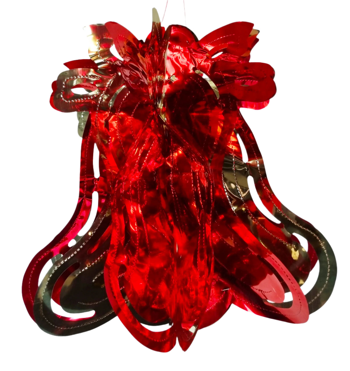 A red metallic tinsel holiday ornament shaped like a stylized heart, featuring reflective silver glitter accents and a hanging loop at the top, isolated on a white background.