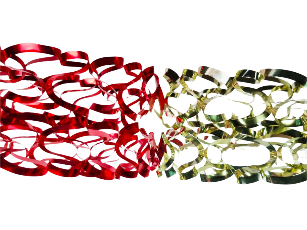 Red and gold metallic tinsel party streamers arranged horizontally on a solid white background.