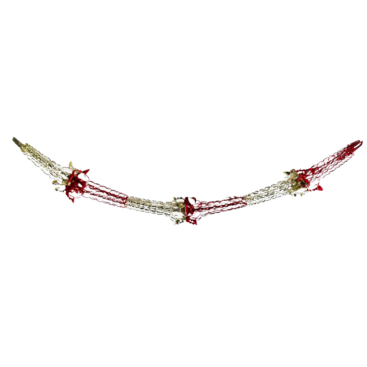 A decorative garland featuring red and white mesh netting with small hanging gold stars and red ribbon accents, displayed against a solid white background.