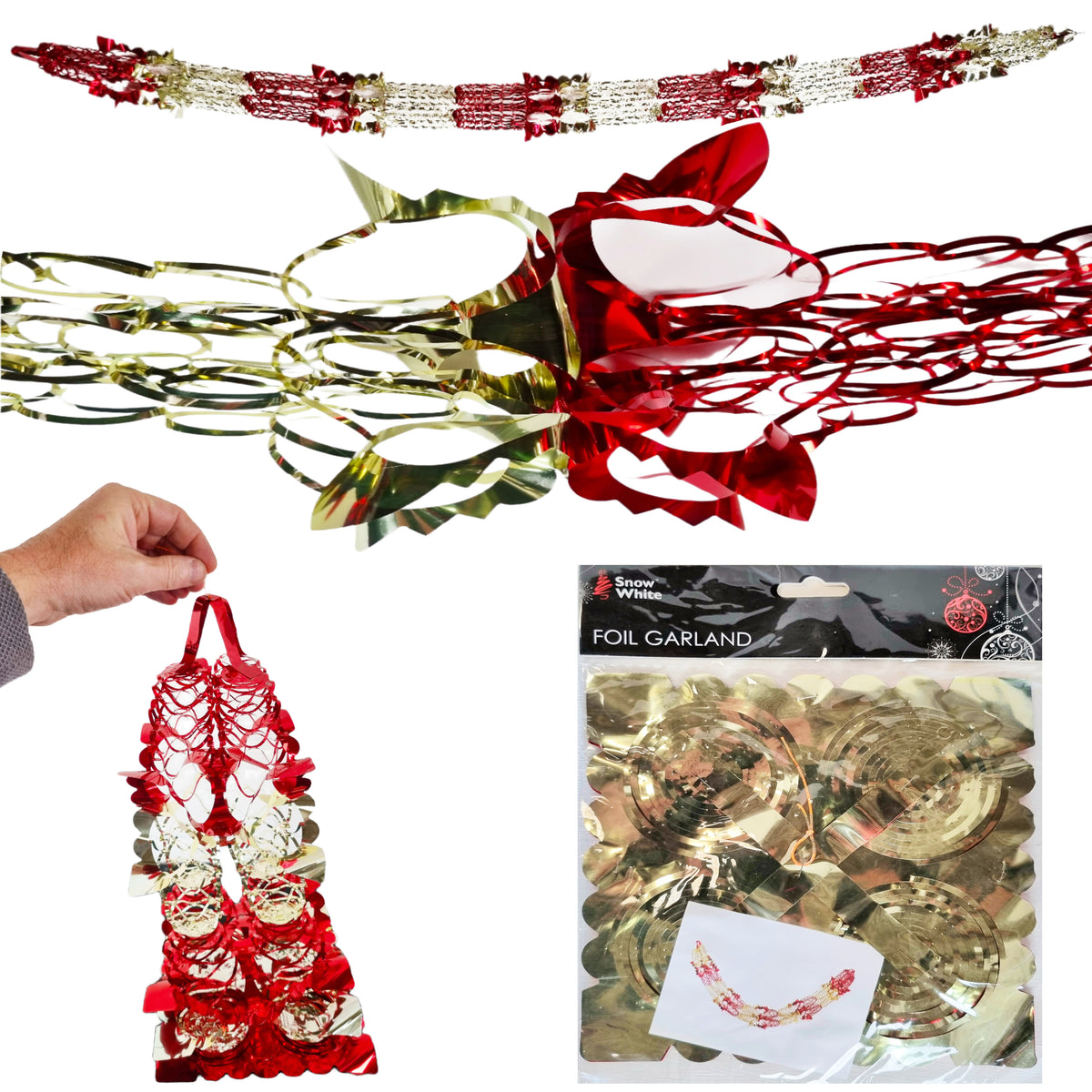 A collage showing a red and gold beaded garland, a close-up of the garland with red bows, a hand holding a red and gold tassel garland, and a package of foil garland on a white background.