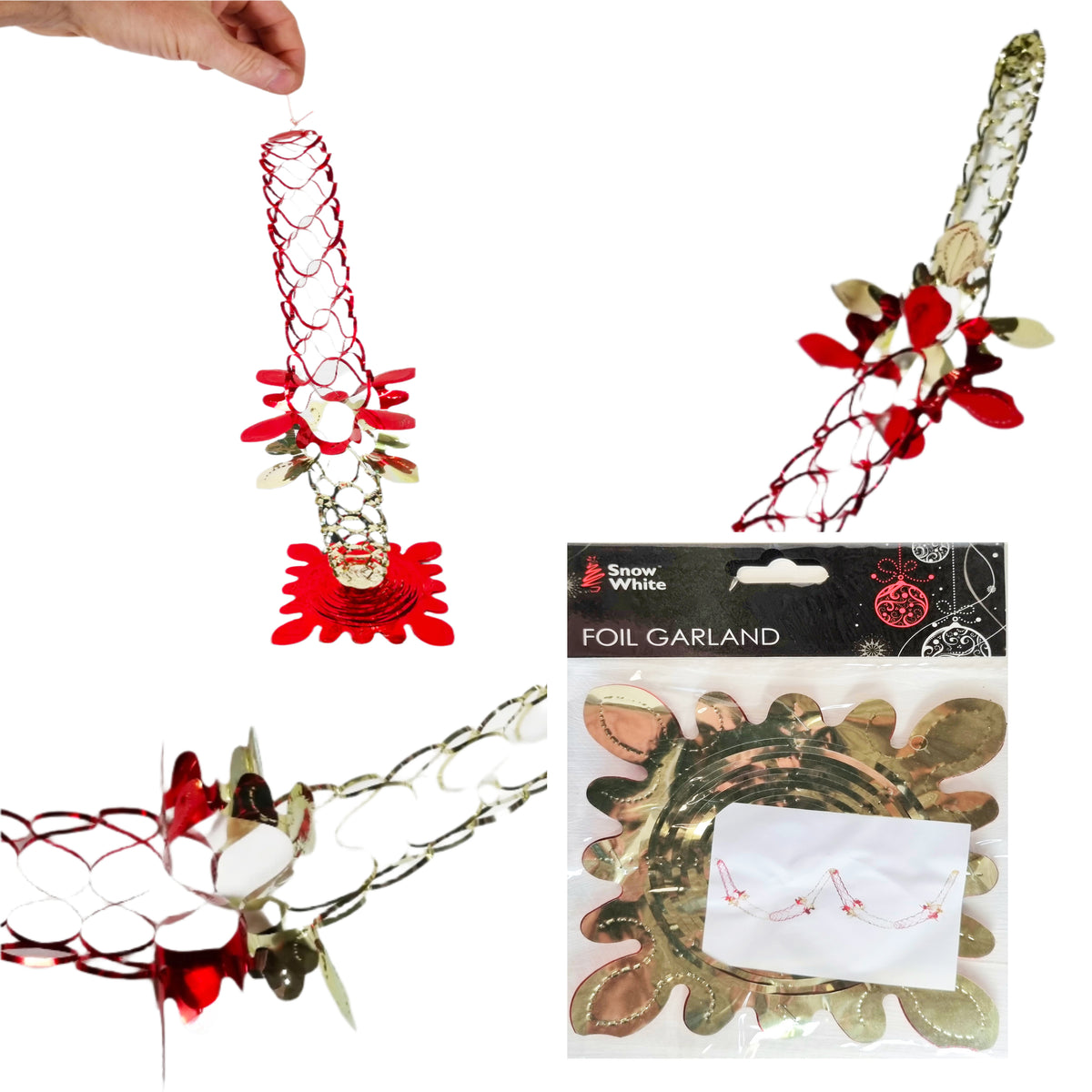 A collage showing a foil holiday garland set: a hand holding a red-and-gold garland, a close-up of the garland with red flowers, a close-up of the packaged garland, and the retail package labeled 'Snow White Foil Garland'.