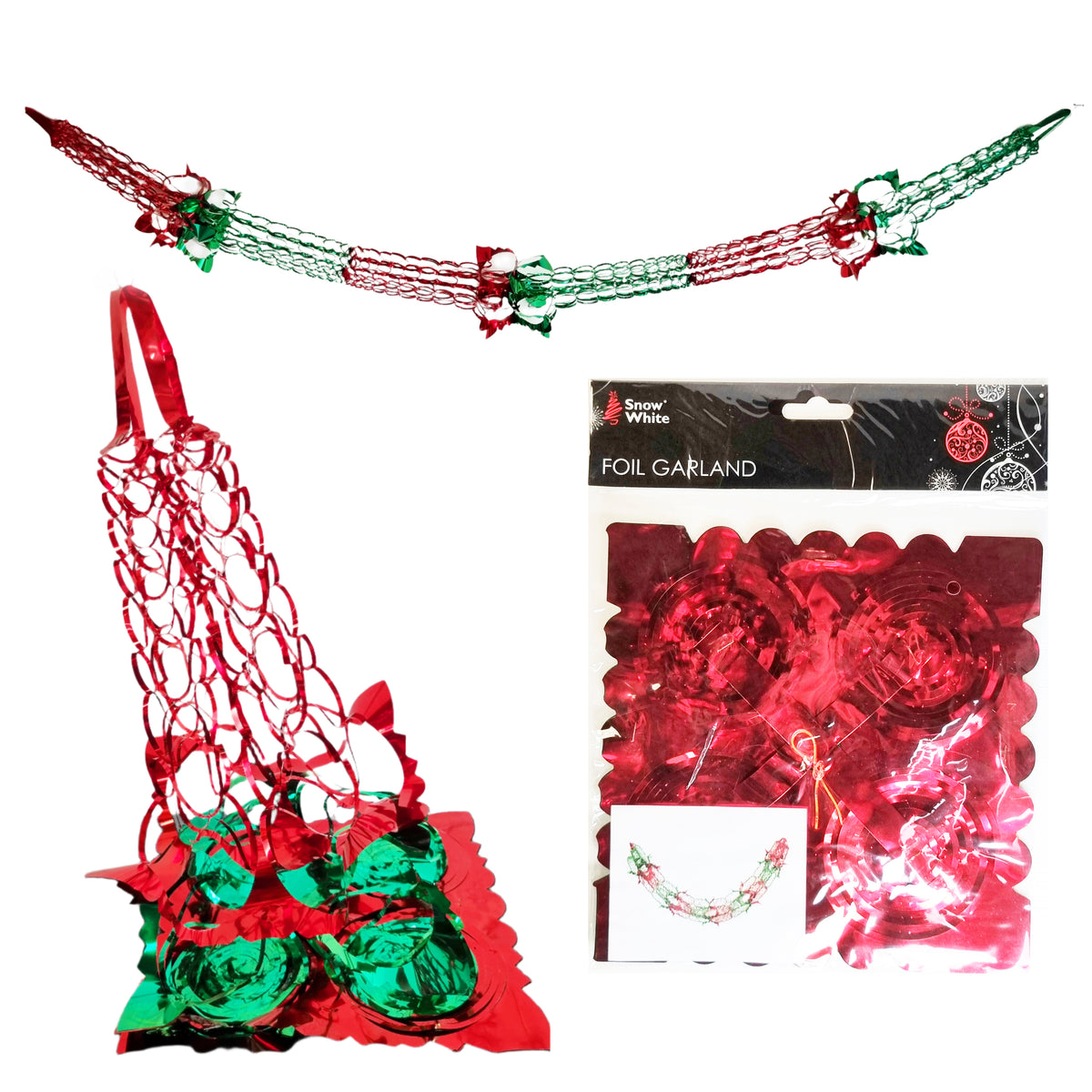 A Christmas foil garland set shown on a white background, including a partially assembled red and green garland, a packaged red foil garland roll, and a package of green foil ornaments. The packaging reads 'Snow White' and 'FOIL GARLAND'.