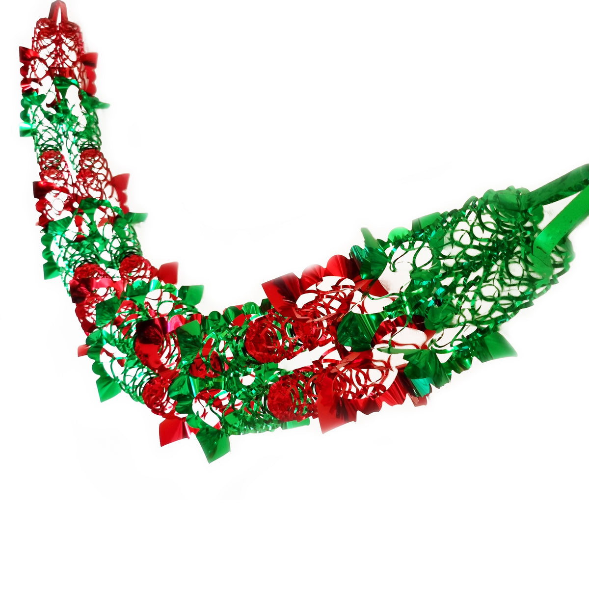 A festive Christmas garland featuring red and green plastic roses, green leaves, and red bows, shown against a plain white background.
