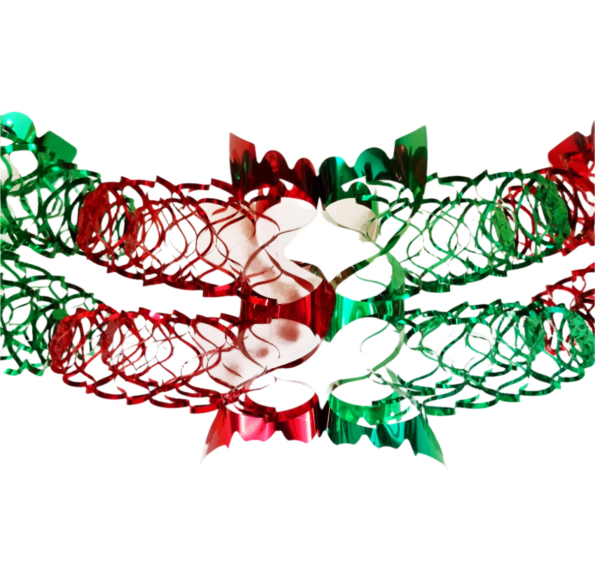Red and green metallic foil Christmas garland with curled ribbon ends, shown against a plain white background.