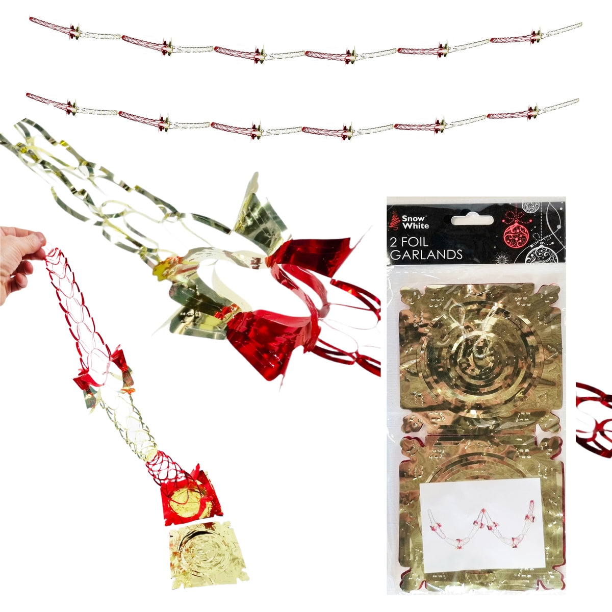 Homestreet2 Foil Garlands set shown with the retail packaging on a white background, plus loose examples of the garland strands and decorated garland pieces held by a hand.