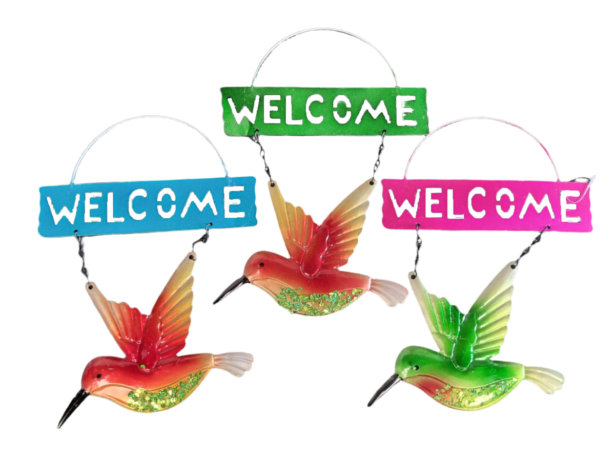 Welcome Garden Sign - Humming Bird Bright Colour and Sparkle Detail Hanging Sign