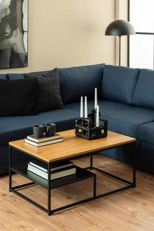 Gila Rectangle Coffee Table With Black Shelf And Metal Base 90 x 60cm