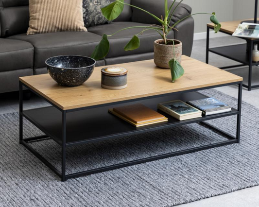Gila Large Rectangular Coffee Table With Black Shelf And Metal Base 120x60x42cm