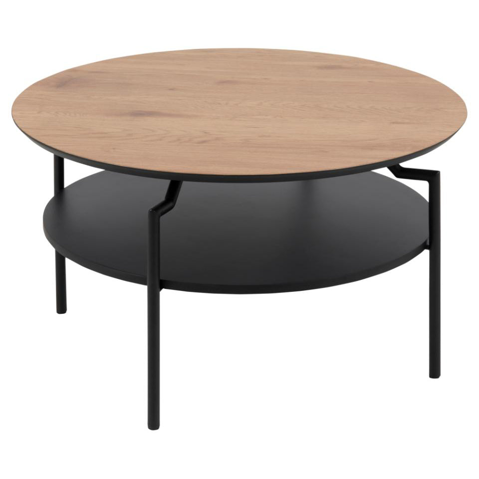 Goldington Coffee Table Round With Oak Top, Black Shelf And Metal Base 80cm
