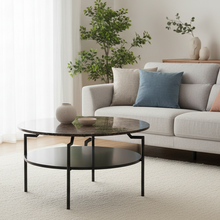 Load image into Gallery viewer, Goldington Coffee Table Round With Brown Marble Top, Black Shelf And Metal Base 80cm
