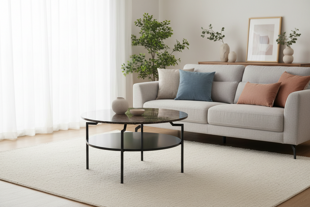 Goldington Coffee Table Round With Brown Marble Top, Black Shelf And Metal Base 80cm