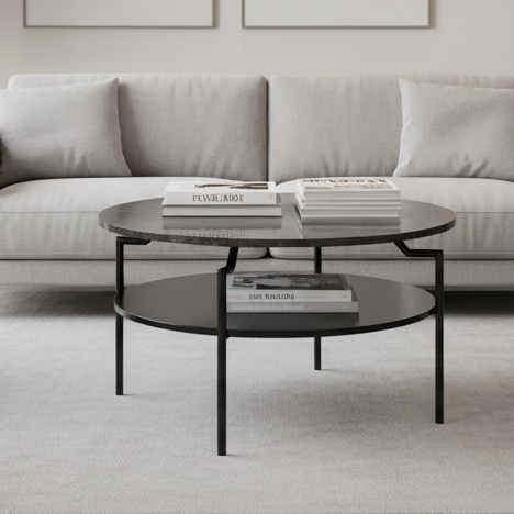 Goldington Coffee Table Round With Black Marble Top, Black Shelf And Metal Base 80cm