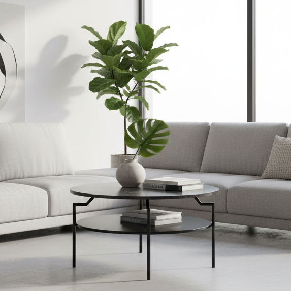Goldington Coffee Table Round With Black Marble Top, Black Shelf And Metal Base 80cm